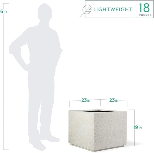 PolyStone Monterray Modern Outdoor/Indoor Square Planter, 23" L x 23" W x 19" H, Lightweight, Heavy Duty, Weather Resistant, Polymer Finish, Commercial Grade and Residential (White Granite)