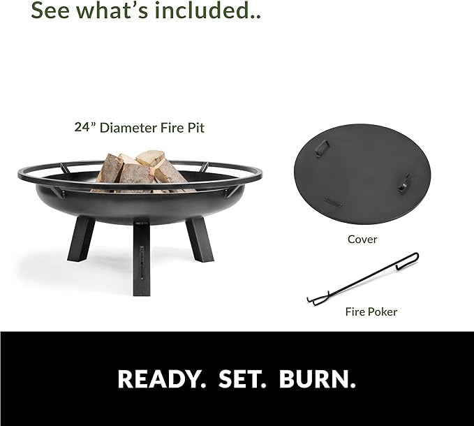 Ember 24" Handcrafted Cooking Fire Pit with Cover Lid Attachment for Wood Burning Fireplace for Backyard Grilling Campfire for Camping, Medium Outdoor Medium Steel Firepit by Good Directions