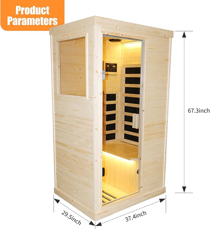 Infrared Sauna Home Traditional Sauna for Home Low EMF 1100W for 1 Person Relaxing Backboard with Control Panel, Bluetooth Speaker, Reading Lamp,Top Starry Sky (Natural Wood, 37.4”×27.5“×67.3”)