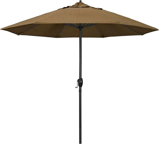 California Umbrella 9' Rd Aluminum Patio Umbrella, Crank Lift, Auto Tilt, Black Finish, Sunbrella Linen Sesame