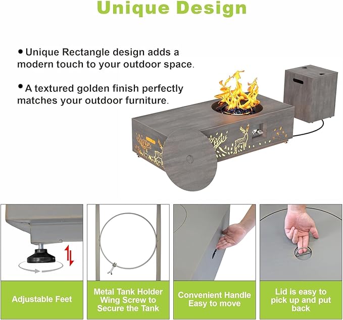48 inch Propane Fire Pit Table LED, 2 in 1 Rectangular Outdoor Fire Pit with 20lb Tank Cover, Outside Patio Deck and Garden, Gas Fireplace Table with Lid and Stone, 50,000 BTU Adjustable Flame