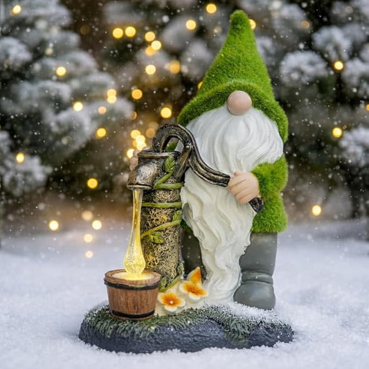 Water Pump Gnome Garden Decor for Yard/Lawn/Patio/Deck - Outdoor Weatherproof Statue with Solar Light - Moss Effect - Fun Spring & Summer Charming Gnomes Gifts for Women (Forest Green)