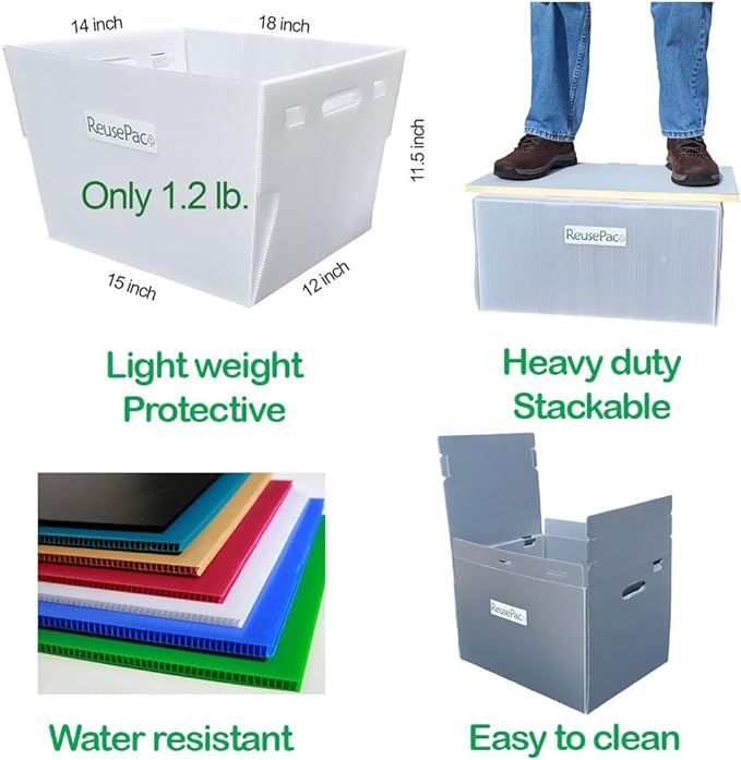 Reusable Foldable Box Corrugated PP Lightweight, Storage Moving Mailing, Heavy Duty Stackable, Tape Free Self-Locking Lid, Handles for Business Home X-Large (6 Pack Gray 24x16x12 in)
