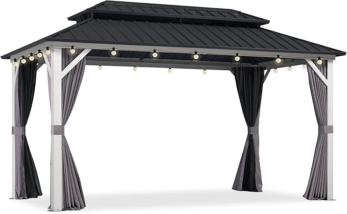 PURPLE LEAF 8' X 14' Outdoor Gazebo Galvanized Steel Double Roof White Aluminum Frame Hardtop Heavy Duty Gazebo with Curtain and Netting for Patio Garden and Backyard, Grey