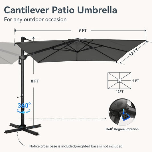 GREEN PARTY 9x12 ft Cantilever Patio Umbrella with Base, Rectangle Offset Outdoor Umbrellas with 360° Rotation, 5-Year-Non-Fading Hanging Pool Umbrella for Garden Deck Poolside - Grey