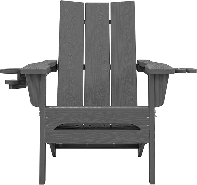 SERWALL Outdoor HDPE Adirondack Chair Set 2, Modern Folding Adirondack Chair with Cup Holders, Weather Resistant Fire Pit Chairs, Gray