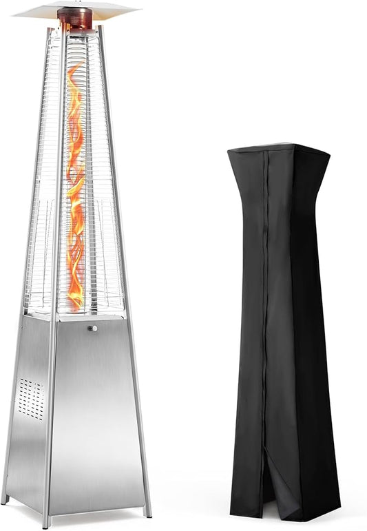 48,000 BTU Flame Pyramid Pool Heater With Cover, Stainless Steel Triple Safety Protection Patio Heater with Patio Cover, Warm Glass Tube Portable with Durable Wheels-Stainless Steel Color