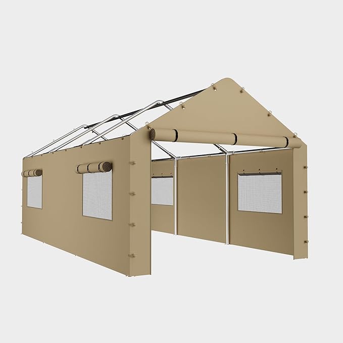 Carport Sidewall Panel with Mesh Windows and Elastic Ball Bungees, for 10x20 FT or 12x20 FT Garage Party Tent Shelter - Beige, One Sidewall Panel Only