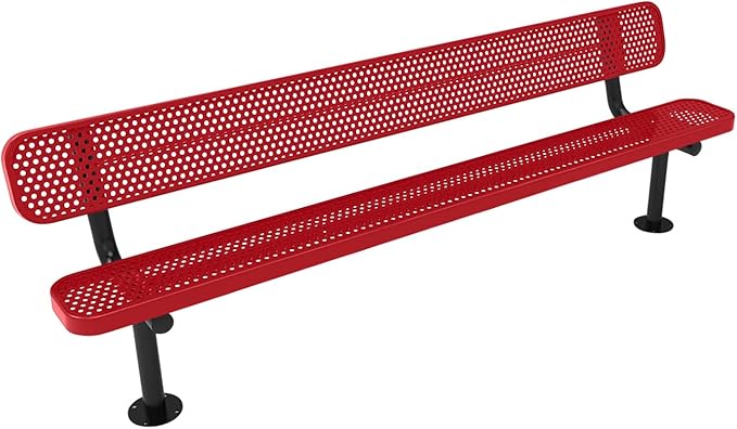 COATEDOUTDOORFURNITURE Coated Outdoor Furniture Heavy-Duty Outdoor Bench Thermoplastic Coated, Punched Steel, Commercial-Grade Seating, Made in America (Surface with Back, 8 Ft, Textured Red)