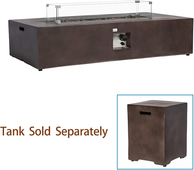 COSIEST Outdoor Propane Fire Pit Table 56" x 28" Rectangle Bronze Compact Concrete-Like Finish, Certified, 50,000 BTU,Wind Guard, Tank Outside, Free Lava Rocks, Fits 20lb Tank Outside, Raincover