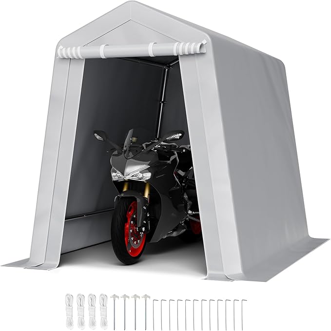 VEVOR 6x8x7 FT Heavy-Duty Portable Outdoor Storage Shed Tent, Waterproof Carport Garage Shelter with Roll-Up Zipper Door & Vents, UV-Resistant Canopy for Motorcycle, Bike, Lawn Mower, Tools, Gray