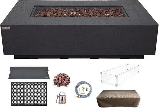 AMS Creations | Madison 60" Bundle Rectangular Natural Gas Outdoor Fire Pit Table | Dark Gray Concrete GFRC | Limestone Texture or Surface | Electronic Ignition | Outside Backyard Fireplace
