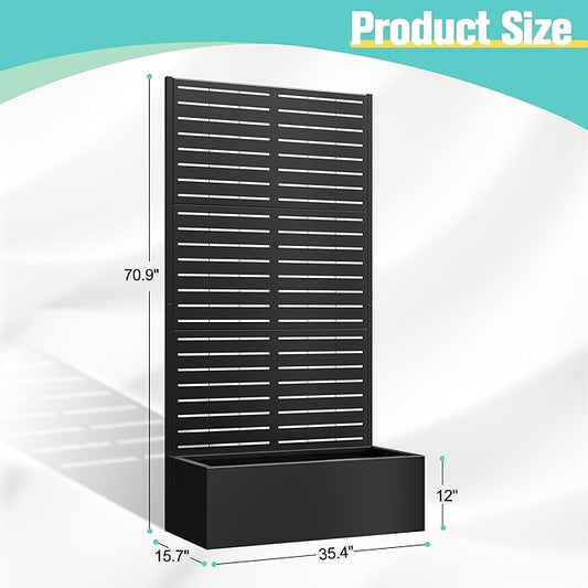 71"x35"x16" Metal Planter Box with Trellis Raised Garden Bed, Trellis with Planter Box & Privacy Screen, Outdoor Raised Garden Bed for Climbing Plants, Vegetable, Vines (Black, Louvered)
