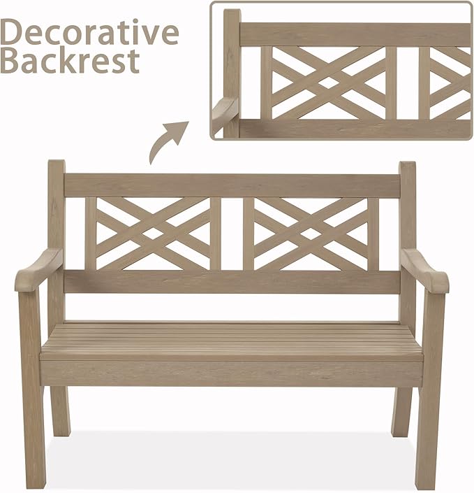 Psilvam 49''W All-Weather Poly Lumber Outdoor Bench – Grey, 2-Person Garden Bench with Decorative Backrest & Curved Armrests, Anti-Fade Patio Bench for Porch, Backyard, and Park(Grey)