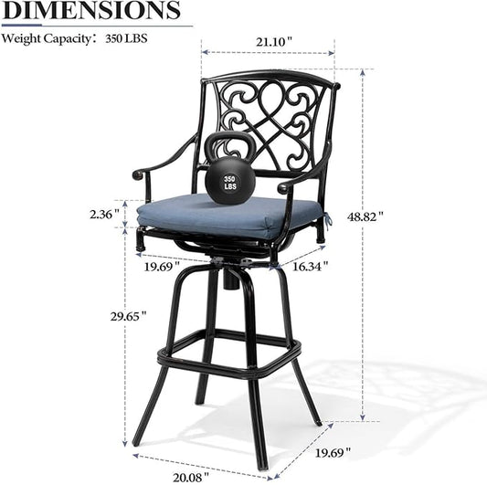 Crestlive Products Outdoor Bar Stools with Sunbrella Cushion Set of 4, 360° Swivel Patio Bar Height Chairs, All Weather Commercial Grade Furniture, Antique Brown Finish for Outside (Denim Blue)