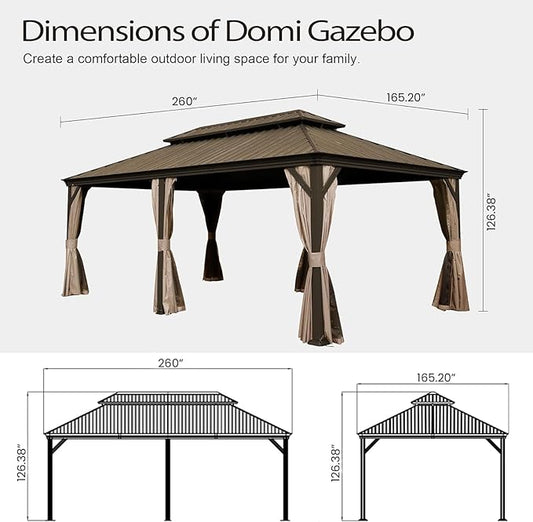 Domi 14x22FT Outdoor Gazebo, Hardtop Gazebo with Galvanized Steel Double Roof, Metal Gazebos with Drainage System Patio Pergola for Patio Deck Backyard,Curtain and Netting,Brown