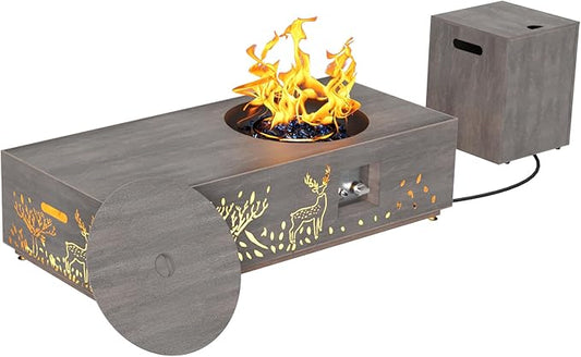 Dineli 2-Piece Outdoor Propane Fire Pit Table Set w Tank Table 48'' Rectangular Firepit Gas Fire Pits for Outside Patio Fire Table w LED, 50,000 BTU (Gray, Deer Cutout with Warmlight)