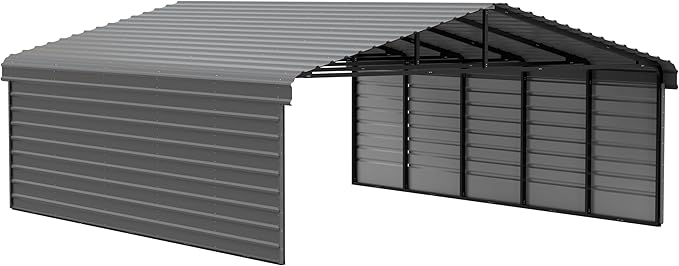 Arrow Carports Galvanized Steel Carport, with 2-Sided Enclosure, Compact Car Metal Carport Kit, 20' x 24' x 7', Charcoal