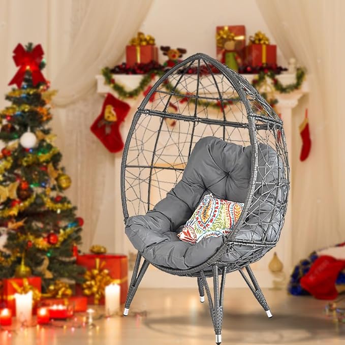 Outdoor Egg Chair, Part of Patio Conversation Set, All-Weather Wicker Lounge Chair with Thick Cushions, Single Seat for Balcony, Garden, Porch, Grey