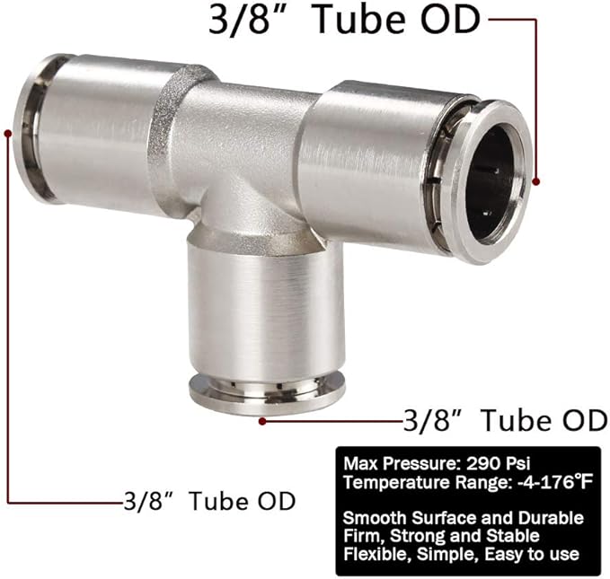 Beduan Push to Connect Tube Fitting Union Tee, Copper Nickle-Plated 3/8" Tube OD 3 Way Tee Shaped Union Adapter Fitting