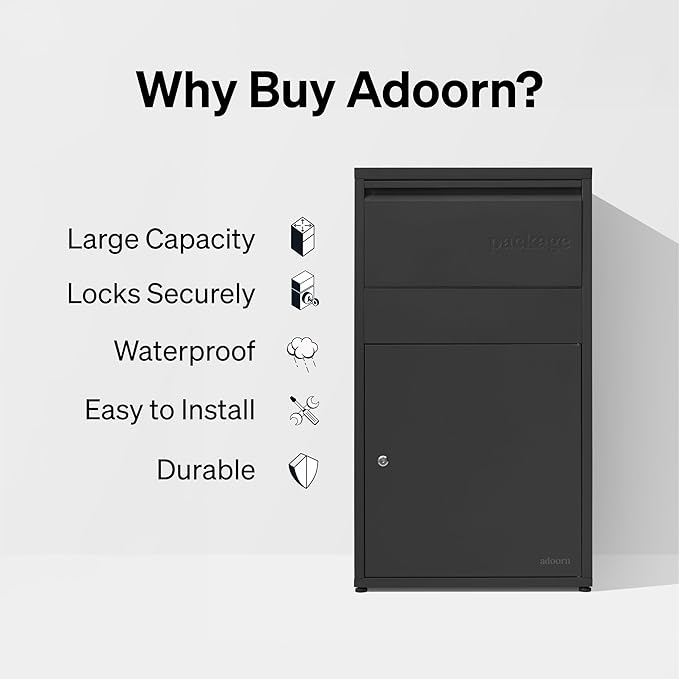 Adoorn Package Delivery Boxes for Outside, Large 36 x 20.5 x 15 (HxWxD) Security Package Box, Free Standing Anti-Theft Parcel Drop Box - Black