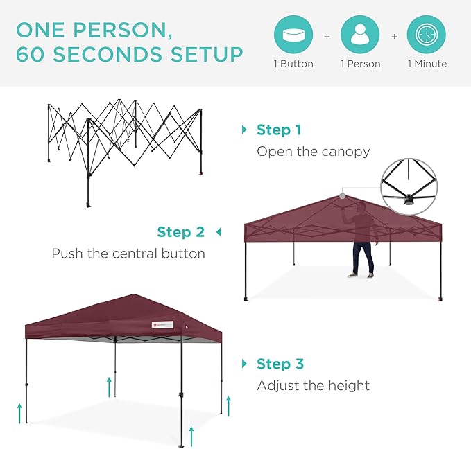 Best Choice Products 8x8ft 1-Person Setup Pop Up Canopy Tent Instant Portable Shelter w/ 1-Button Push, Case, 4 Weight Bags - Burgundy