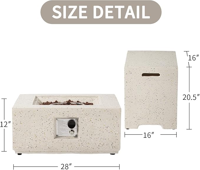 SUNBURY Outdoor 28 Inch Propane Fire Pit Table, 40,000 BTU Spotted White Patio Gas Fire Table Set
