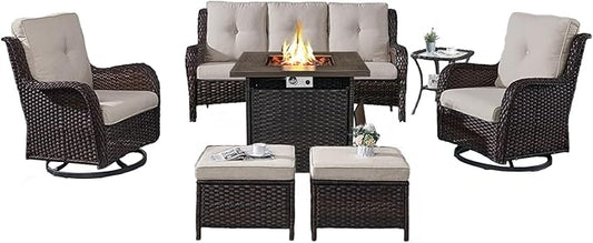 Belord Outdoor Patio Furniture Set with Propane Fire Pit Table, 7 Pieces Wicker Patio Conversation Set with 2 Swivel Glider Rocker Chair Rattan Sofa Beige Cushion Perfect for Casual Gathering