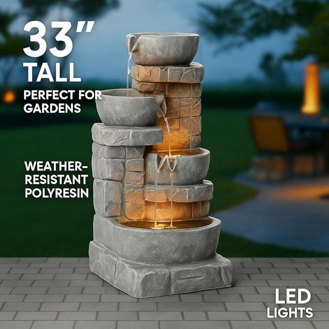 Teamson Home 33" Outdoor Water Fountain with LED Lights, 3-Tier Cascading Bowls, Weather-Resistant Resin Garden Water Feature for Patio, Lawn, and Backyard Decor – Stone Gray