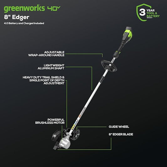 Greenworks 40V 8" Brushless Cordless Edger with 4.0Ah Battery & Charger – Tool-Less Depth Adjustment, Lightweight Lawn Edging Tool, 4-Year Warranty
