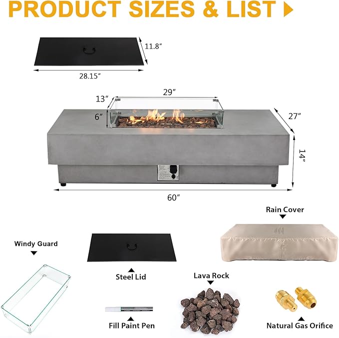 60Inch Outdoor Propane Fire Pit Table with Wind Guard, 2-Piece Concrete Large Rectangular Fire Table with Lid, Lava Rocks, Rain Cover - 50,000 BTU Firepits for Outside Patio, Backyard