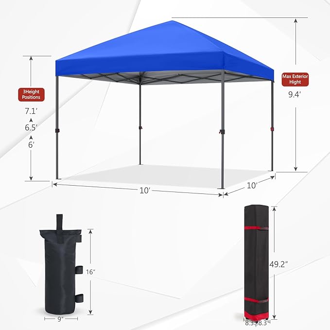 ABCCANOPY 10x10 Pop Up Canopy - Outdoor Patio Portable Canopy Tent Gazebo Heavy Duty for Backyard and Deck with 4 Sandbags and 8 Stakes(Blue)