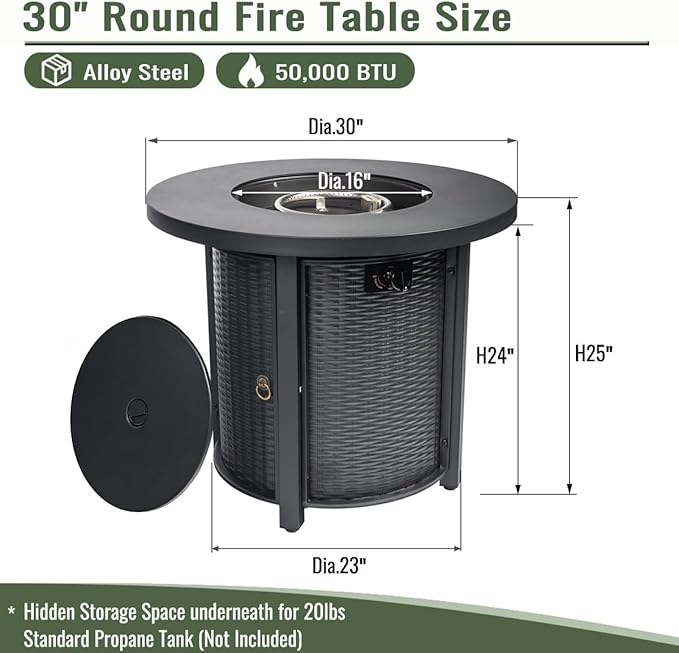 Propane Fire Pit Table, 30 Inch Steel Firepits for Outside, Round Gas Fire Pit for Outside Patio, Propane Fire Table for Patio, Backyard, Pool, 50,000 BTU, Tank Inside, Black