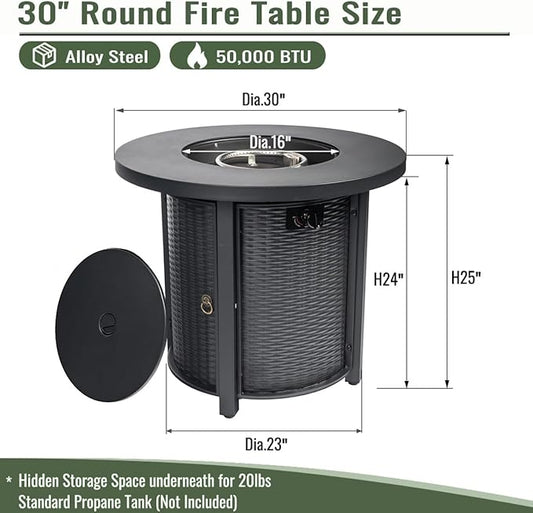 Outdoor Propane Fire Pit Table for Outside Patio, 30 Inch Steel Fire Pit Table with Lid, Round Gas Fire Pit for Garden, Pool, Backyard, 40,000 BTU, Tank Inside, Black