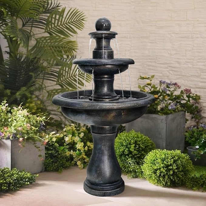 ourrco 45.2” H Outdoor Floor Water Fountain, 3-Tiers Concrete Water Fountain with Submersible Electric Pump - Garden Cascading Waterfall for Yard Patio Lawn Home Decor