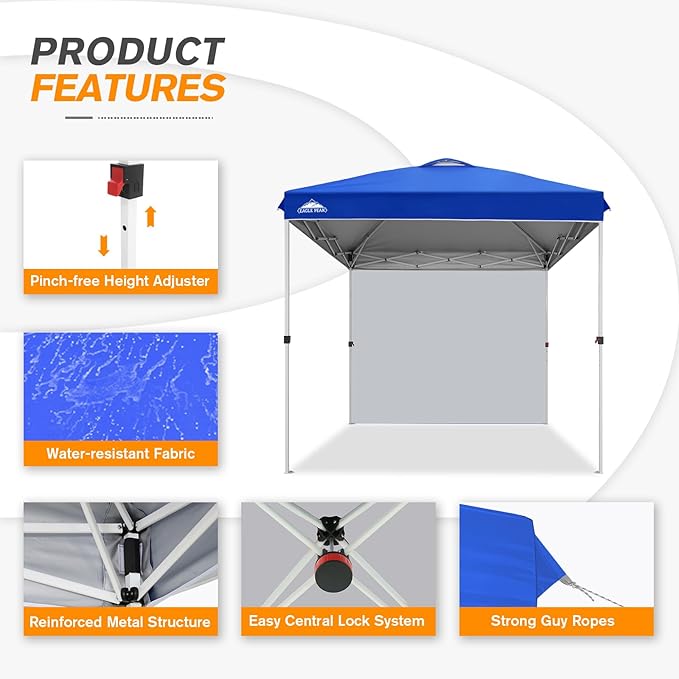 EAGLE PEAK Pop Up Canopy Tent with 1 Sidewall, Easy Setup Event Tent, Outdoor Sun Shade, Wheeled Carry Bag, Stakes and Guy Ropes, Instant Canopy 8x8, Blue