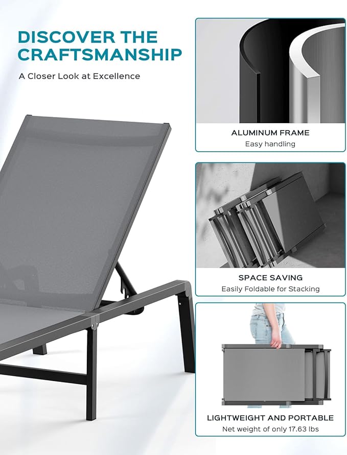 Aluminum Chaise Lounge Ourdoor - Foldable & Assemble Free Outdoor Lounge Chair with 5 Adjustable Backrest, Patio Lounge Chair for Outside Poolside Beach Pool, Grey