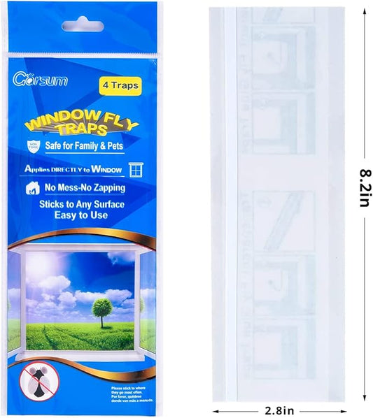 Garsum Window Fly Traps Indoor, Fly Paper Bug Sticky Strips, House Fly Killer Window Decal Non-Toxic,4 Pcs
