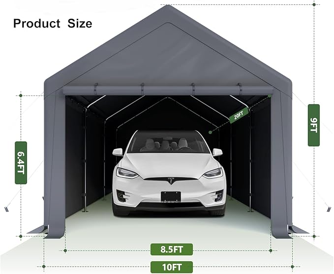 Carport 10x20ft Heavy Duty Canopy,Portable Garage Party Tent,Portable Garage with Removable Sidewalls & Doors All-Season Tarp for Car,Truck,Party Grey