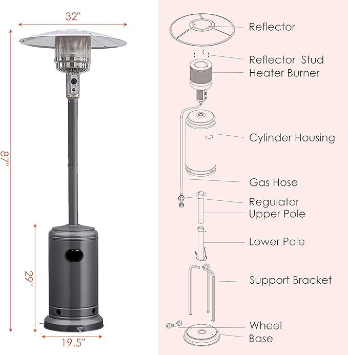 Tangkula 50,000 BTU Propane Outdoor Heater, Patio Heater with Stainless Steel Burner, Tip-over Protection and Wheels, Outdoor Heaters for Patio Commercial and Residential (Grey)