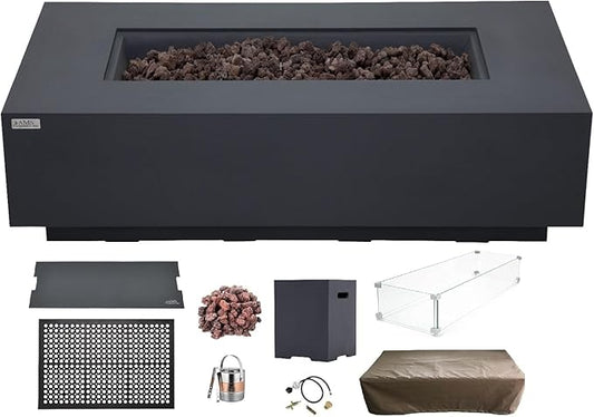 AMS Creations | Madison 60" Bundle Rectangular Propane Gas Outdoor Fire Pit Table | Dark Gray Concrete GFRC | Smooth Texture or Surface | Electronic Ignition | Outside Backyard Fireplace