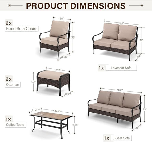 GREEN PARTY Extra Large Outdoor Patio Furniture Set 7 Pieces for 9, Modern Metal Patio Conversation Sets with High Back 3-Seat Sofa & Loveseat Sofa, 2 Fixed Chairs, 2 Ottoman, 1 Coffee Table