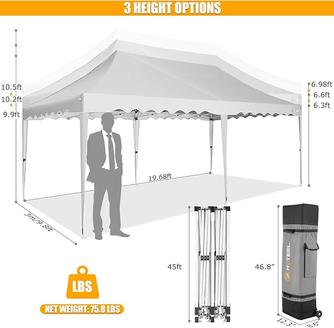 HOTEEL 10x20 Pop Up Canopy, Outdoor Easy Setup Party Tent, Waterproof Portable Enclosed Event Shelter with Wheeled Bag, Weight Bag for Backyard, Vendor, White