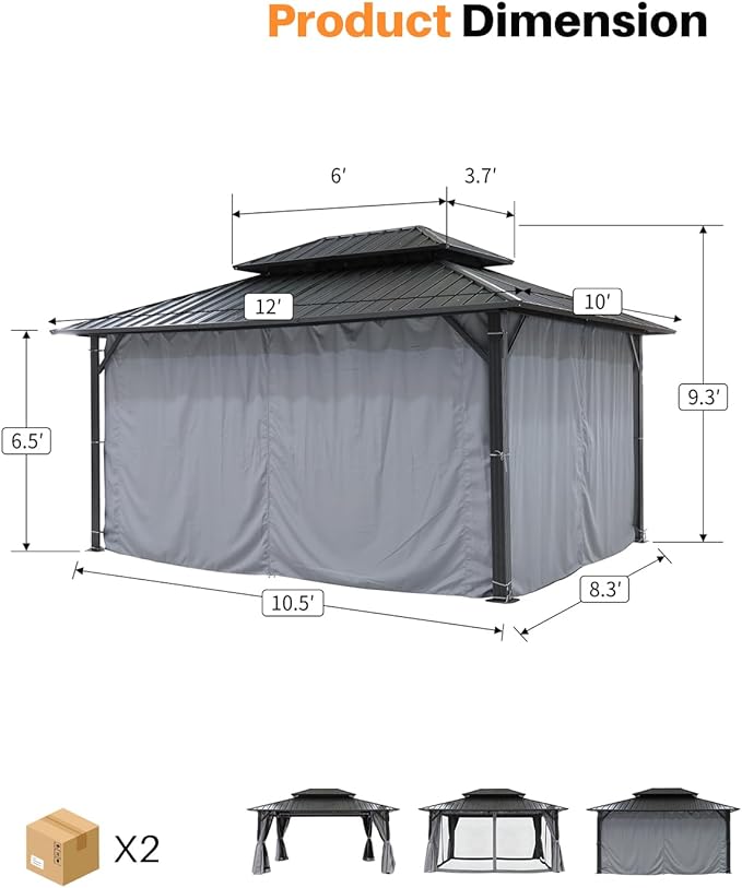 SEEHILL 10' x 12' Hardtop Gazebo, Aluminum Frame Outdoor Patio Gazebo with Netting and Curtains, Outdoor Hardtop Gazebos, Patio Pergolas with Double Metal Roofs for Backyard, Patio, Deck, Slate Gray