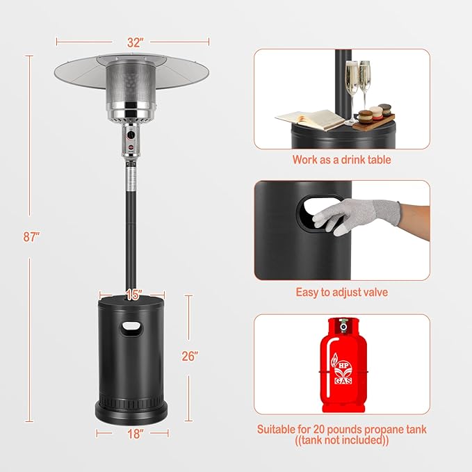 Hykolity 50,000 BTU Propane Patio Heater with Table Design, Stainless Steel Burner, Triple Protection System, Wheels, Outdoor Heaters for Patio, Garden, Commercial and Residentia, Black
