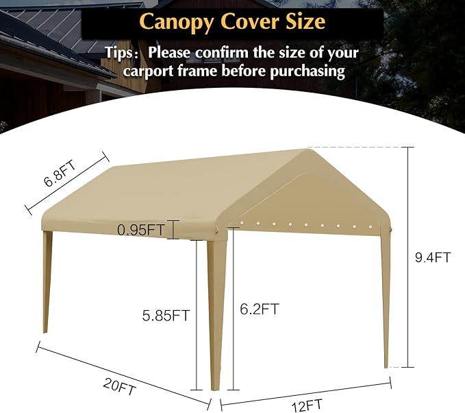 12x20 Canopy Replacement Cover, Carport Replacement Canopy Top Cover for 12' x 20' Frame, 800D Heavy Duty Waterproof & UV Protected Car Canopy with Ball Bungees (Frame is not Included) (Beige)