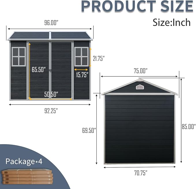 Storage Shed 8x6 ft Outdoor Resin Shed with Floor, Plastic Sheds with Two Windows and Lockable Double Door, Waterproof Garden Shed with Vents, Tool Sheds for Backyard, Patio, Lawn, Black