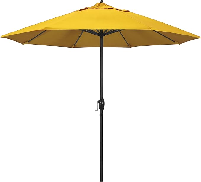 California Umbrella 9' Rd Aluminum Patio Umbrella, Crank Lift, Auto Tilt, Black Finish, Sunbrella Sunflower Yellow