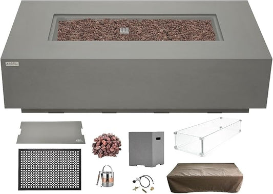 AMS Creations | Madison 60" Bundle Rectangular Propane Gas Outdoor Fire Pit Table | Light Gray Concrete GFRC | Smooth Texture or Surface | Electronic Ignition | Outside Backyard Fireplace