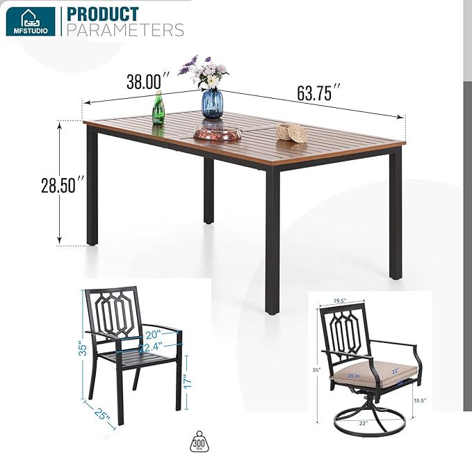MFSTUDIO Outdoor Dining Set for 6, Patio Table and Chairs Set with Umbrella Hole, 7 Piece Patio Dining Set with Stackable Chairs and Swivel Chairs